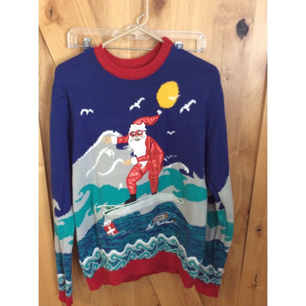 Ugly Christmas Sweater Santa Surfing Ocean Size Medium